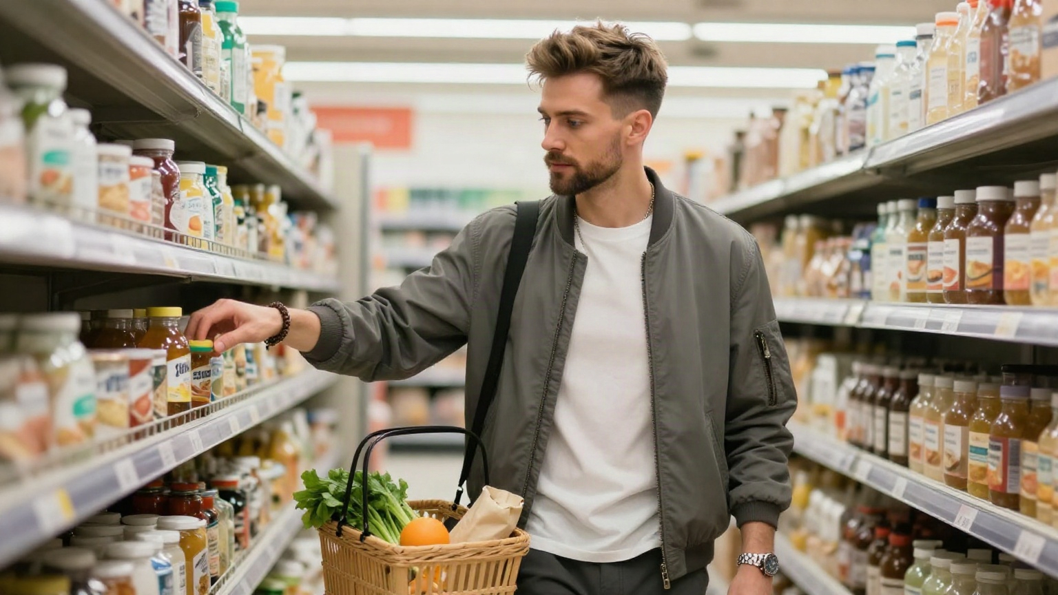 Мужчина в продуктовом магазине задумчиво выбирает между двумя продуктами на полке, символизируя изменение пищевого поведения