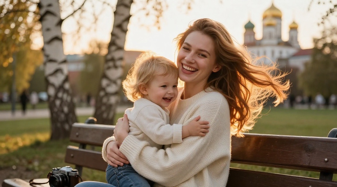 Молодая мама с ребёнком на семейной фотосессии в московском парке в золотой час, винтажная камера на лавочке