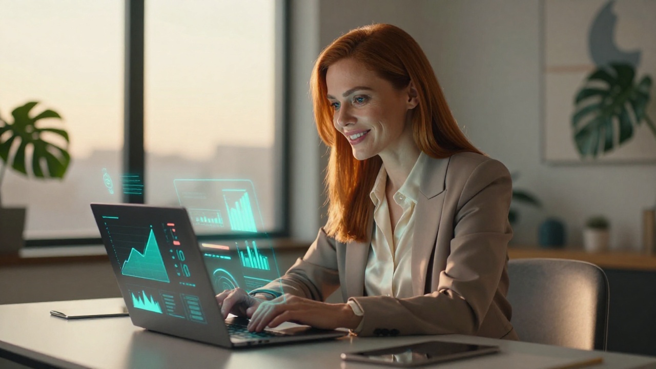 Уверенная женщина сauburn волосами работает с аналитикой на ноутбуке в современном офисе при золотом свете — премиальная фотография для статьи о бесплатных SEO-инструментах