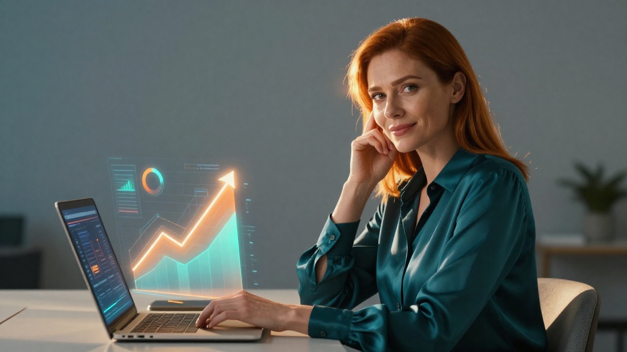 Уверенная женщина-маркетолог с ноутбуком изучает бесплатные SEO-инструменты в современном офисе с аналитикой на экране