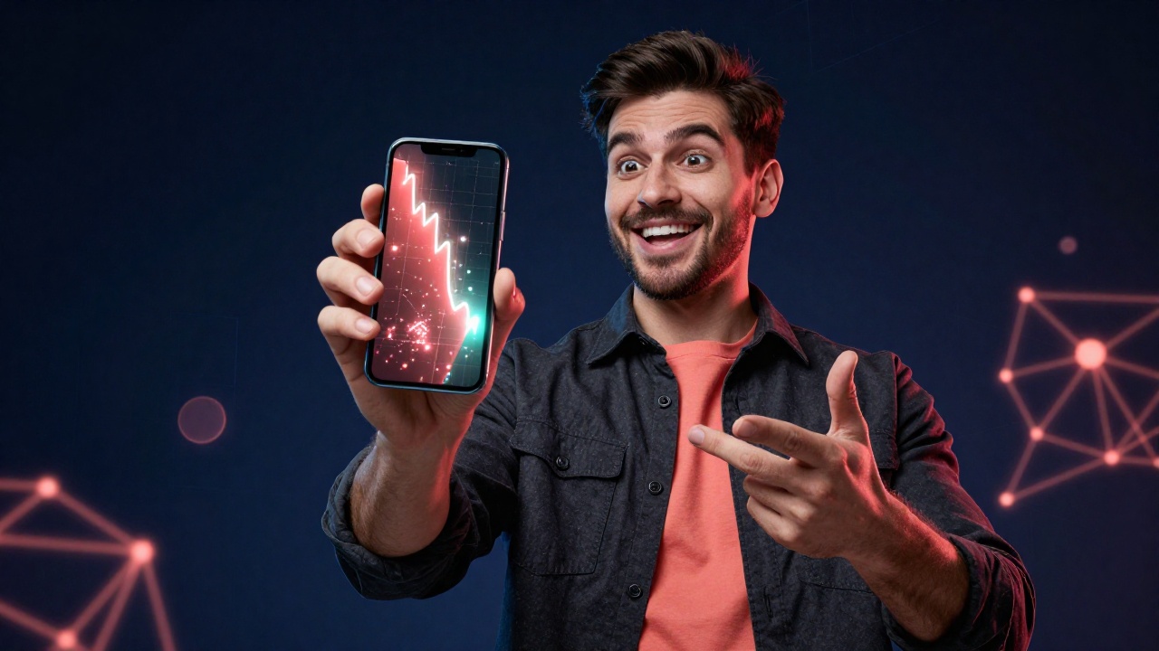 Уверенный мужчина изучает комиссию сетей TRC20 и ERC20 на смартфоне с абстрактной визуализацией блокчейн-сети и энергетических потоков